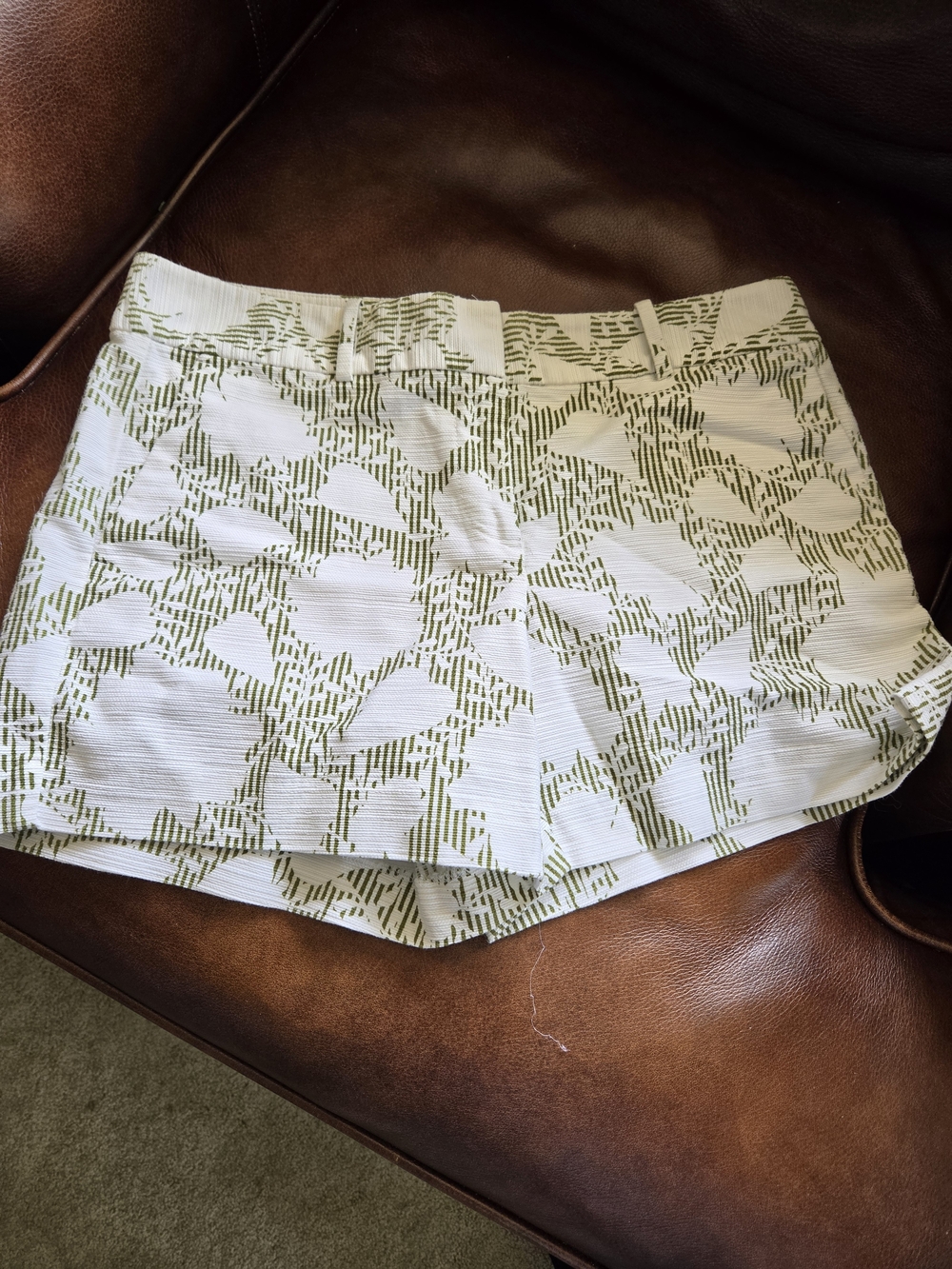 Ann Taylor White and Olive Patterned High-Rise Shorts